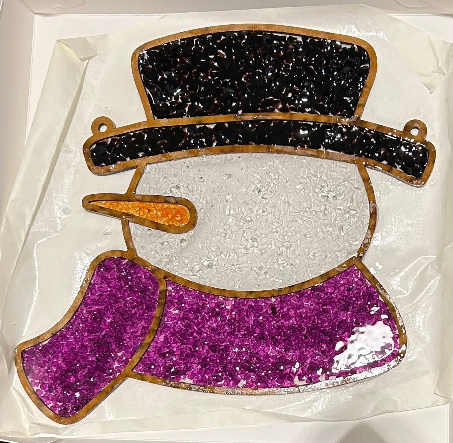 DIY Snowman Crushed Glass Suncatcher